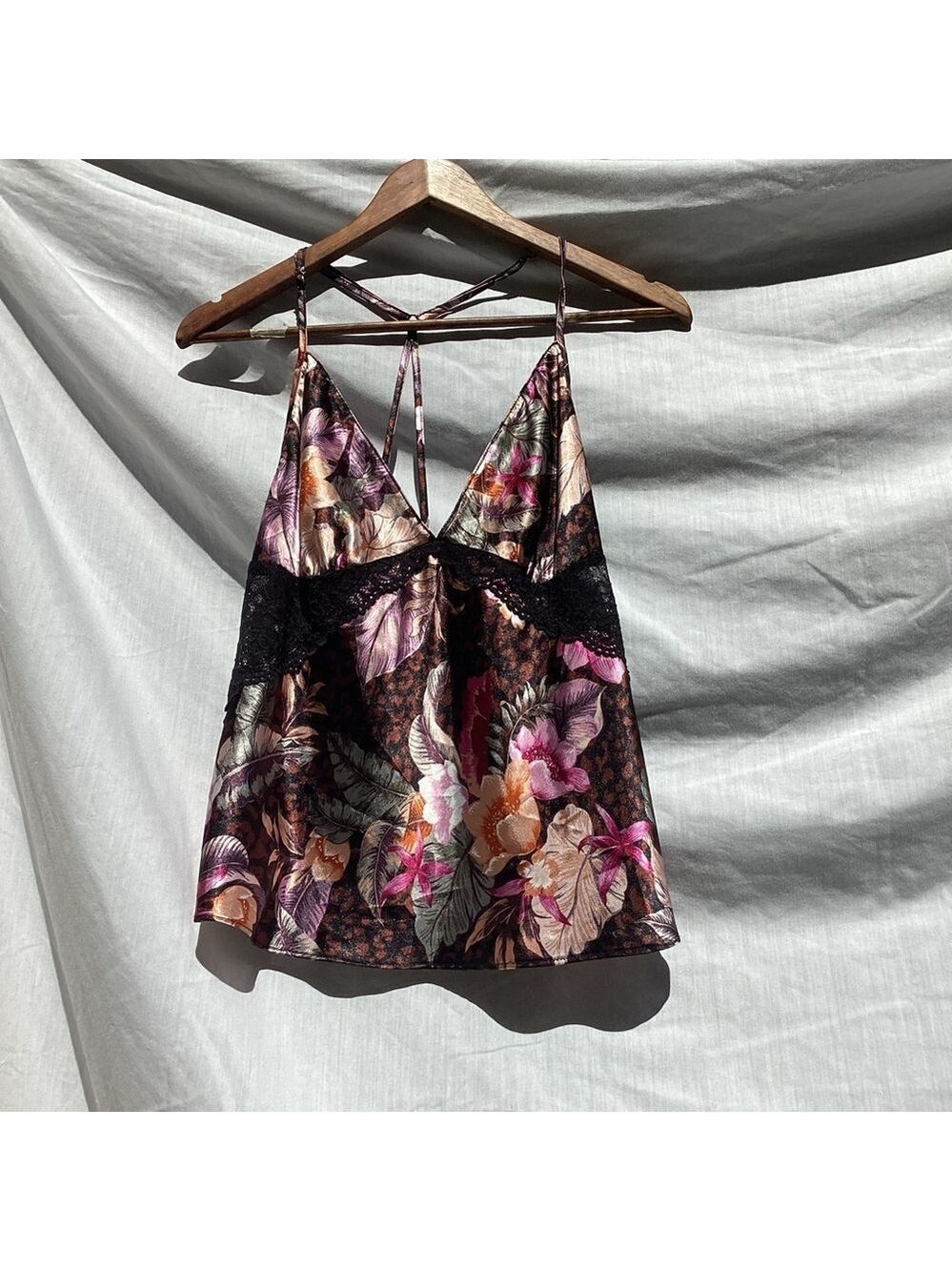 Linea Donatella black and pink floral pajama top, size large